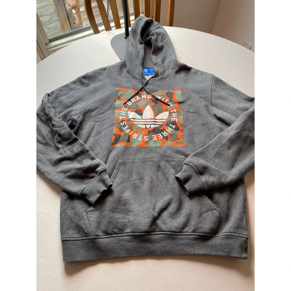 Adidas Originals Mens Camo Trefoil Graphic Hoodie Gray Orange Camouflage Large